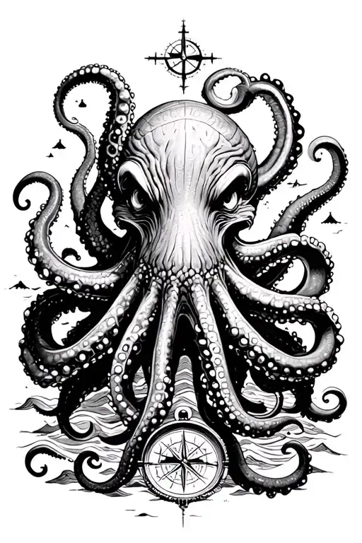 Angry Kracken Octopus In Ocean With Nautical Compass In Middle With Tentacles Out Wide With Waves