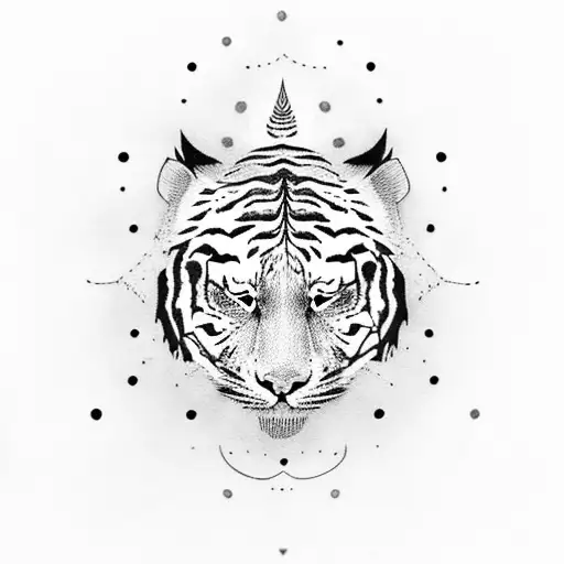 A Dotwork Tattoo Of A Tiger Playing A Musical Instrument In A Night Sky