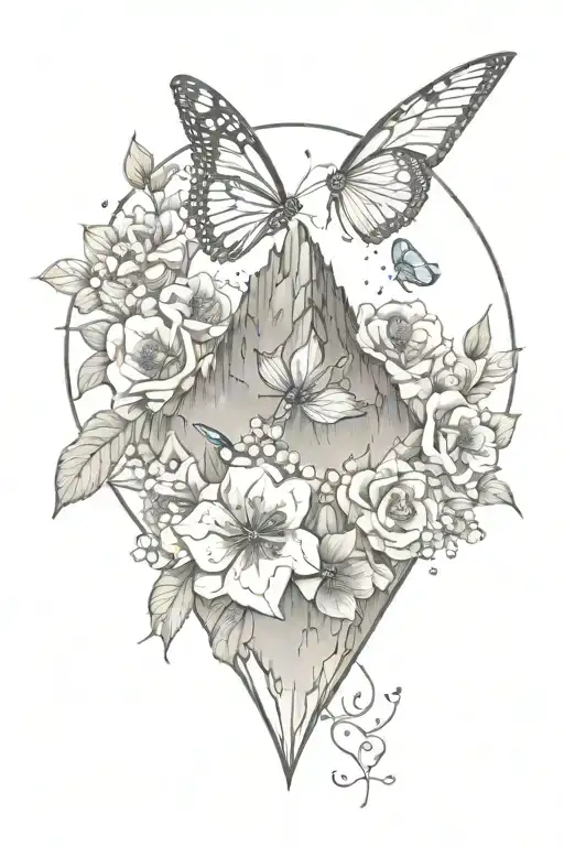 Rocky Mountain Peak With Mountain Blue Birds And Monarch Butterflies With Wild Prairie Roses