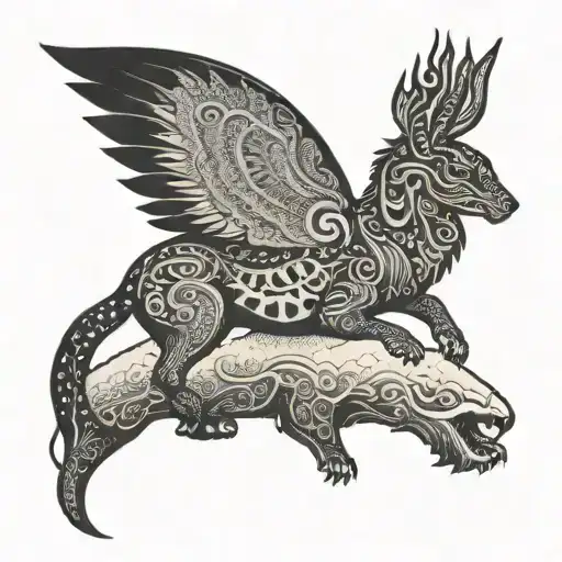 An Intricate Dotwork Tattoo Of A Sacred Animal From Indian Mythology In A Mountain Setting