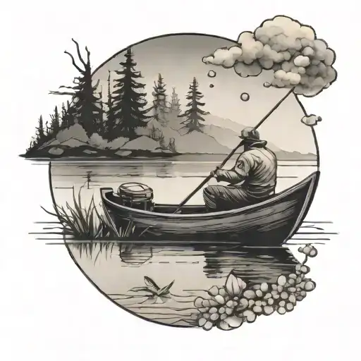 A Tattoo Design Of A Serene Fishing Scene With A Fisherman On A Boat In A Peaceful Lake Setting