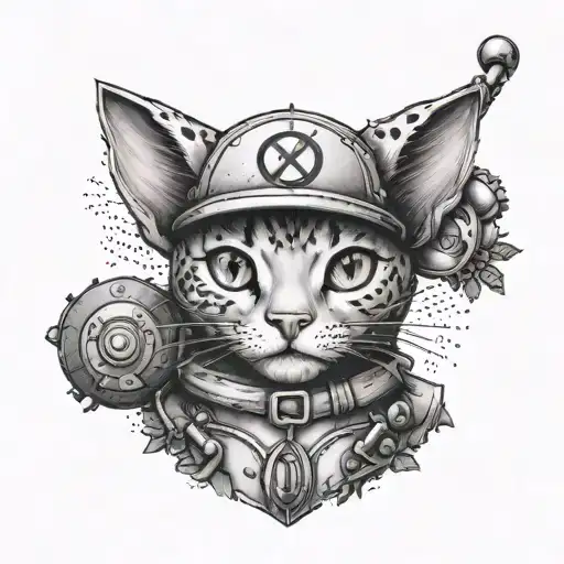 A Dotwork Tattoo Of A Cat Dressed Up As A Pokemon Trainer