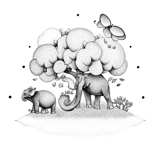 Cherry Tree And Elephant And Butterflies And Clouds And Other Trees