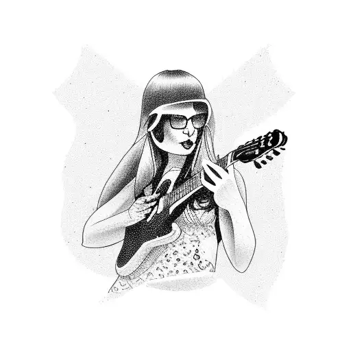 Rock N Roll-themed Tattoo Featuring A Woman With A Guitar And A Network Infrastructure Design