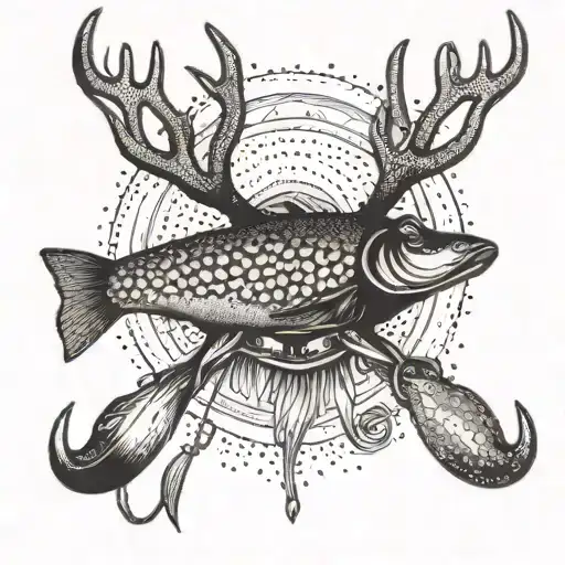 An Intricate Dotwork Tattoo Of A Fishing Lure With A Deer Antler Design