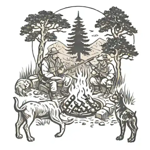 A Hunting Scene With A Family Bonding Around A Campfire