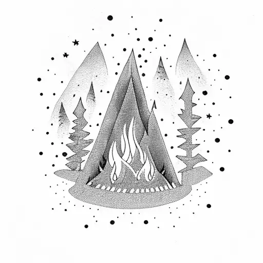 Bonfire In Front Of Black Trees And A Starry Sky