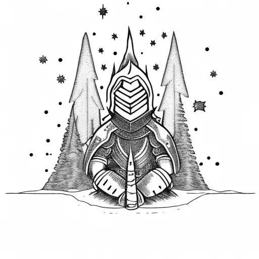 Knight Sitting At Bonfire In Front Of Dark Forest With A Starry Sky