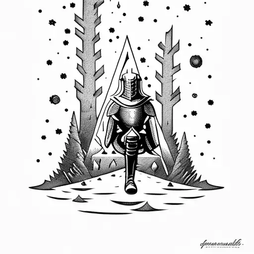 Knight Sitting At Bonfire In Front Of Dark Forest With A Starry Sky