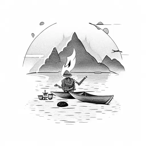 A Beach Camping Scene With A Camp Fire And A Skeletal Fisherman In A Boat