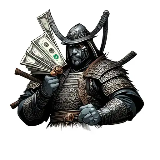 A Futuristic Samurai Warrior Holding A Stack Of Money