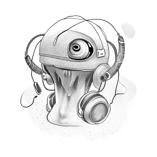 A Dotwork Tattoo Of A Random Alien Creature Wearing Headphones And Listening To Music