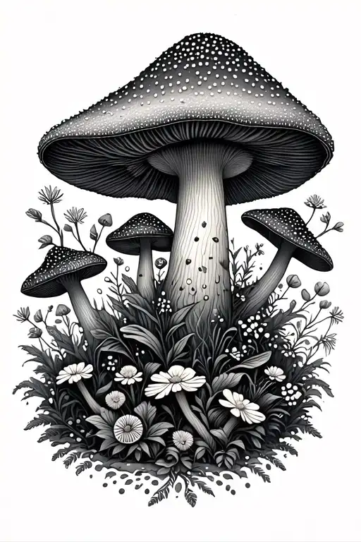 Mushroom Forest With Plants And Flowers On A Sleeve