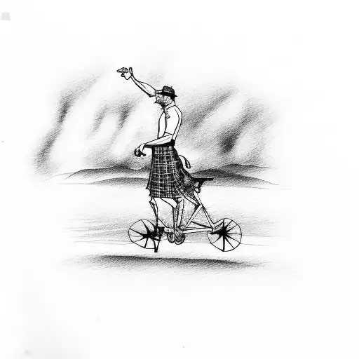 A Cyclist Wearing A Kilt And Playing A Guitar While Riding Through A Scottish Countryside
