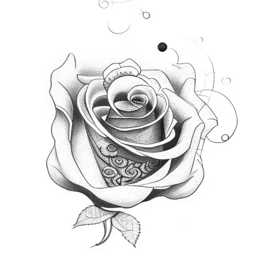 A Dotwork Tattoo Of A Rose With The Word 'Gratitude' Written In Elegant Script