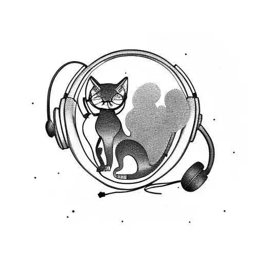 A Silhouette Of A Cat Listening To Music With Headphones Made Of Paintbrushes