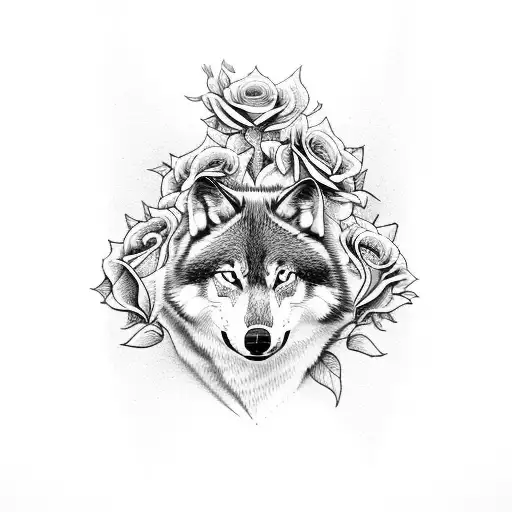 A Background Of Roses And A Wolf Coming Out Of An Ace Of Spades