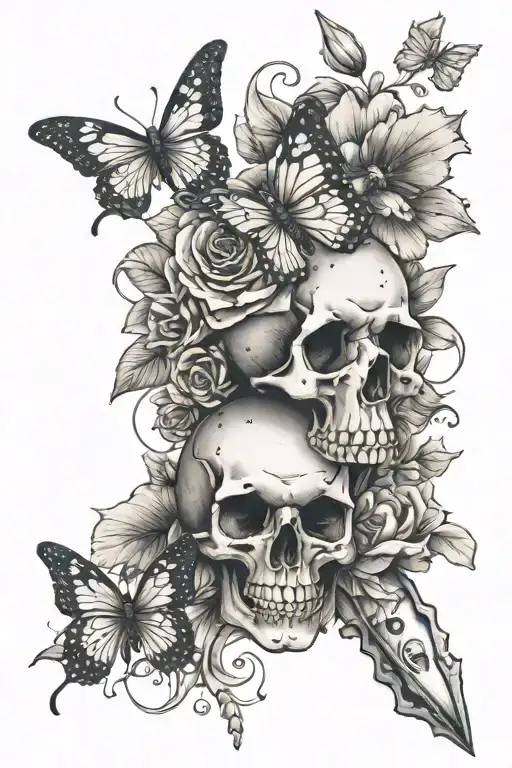 Flowers And Butterfly And Dagger And Skull