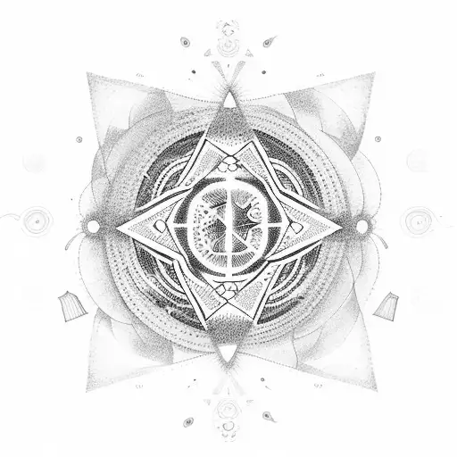 A Dotwork Tattoo Of A Psychedelic Music Festival Scene With Ancient Symbols And Ufos In The Sky