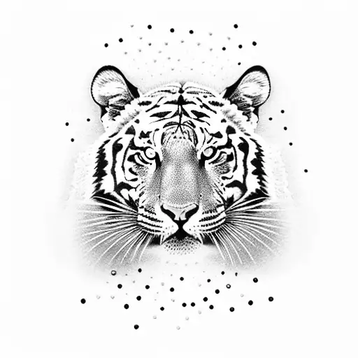Create A Dotwork Tattoo Depicting A Tiger Leaping Through A Lightning Storm