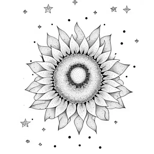 A Dotwork Design Showcasing A Sunflower Blooming Under A Starry Sky