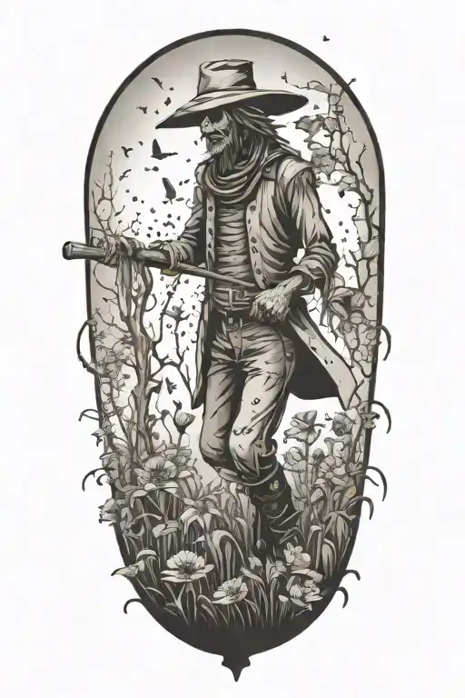 A Tattoo Showcasing A Scarecrow Working In A Garden Filled With Crows