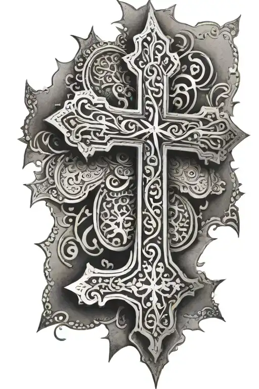 A Stylized Black And Grey Cross With Intricate Dotwork Shading