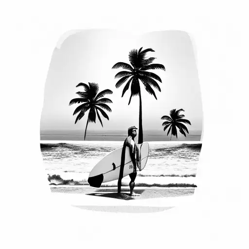 Surfer With Palms In The Beach
