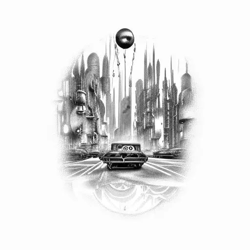 A Vintage Car Driving Through A Futuristic City