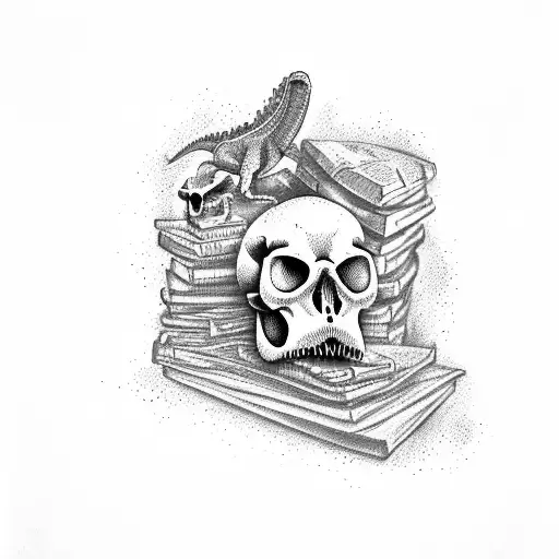 Dinosaur Skull Over Books Of Memento Mori And Memento Vivere