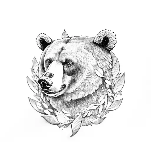 A Bear Statue Adorned With Acanthus Leaves In A Dotwork Style