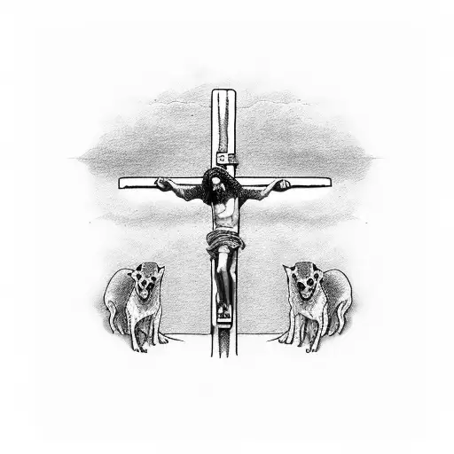 Jesus On The Cross And Cerberus Chained At His Feet