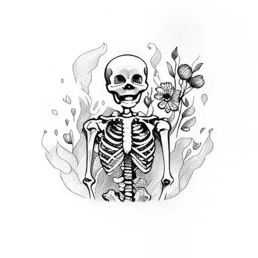 Skeleton Sitting On A Wooden Box And Smoking Vape Surrounded By Flowers