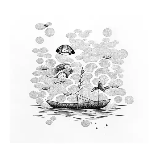 Geisha Sailing On A Paper Boat In A Sea Of Koi Fish