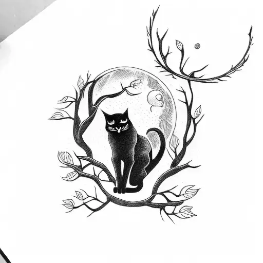 A Mystical Black Cat Perched On A Tree Branch With A Full Moon In The Background