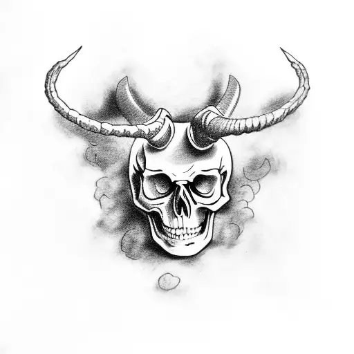 Skeleton With Horns Sits On Wooden Box And Smokes Vape