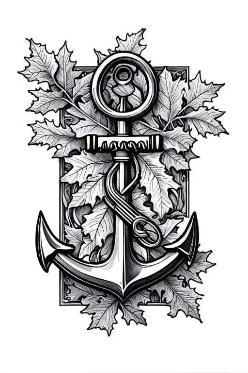 Anchor With Key And Oak Leaves In Dotort And Finline