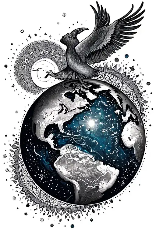 Planet Earth With Zodiac Sign Aquarius And Libra Combined And Framed With The Style Of A Mandala