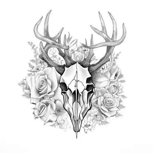 Deer Skull With Flowers And Witchcarft Thongs In The Horns