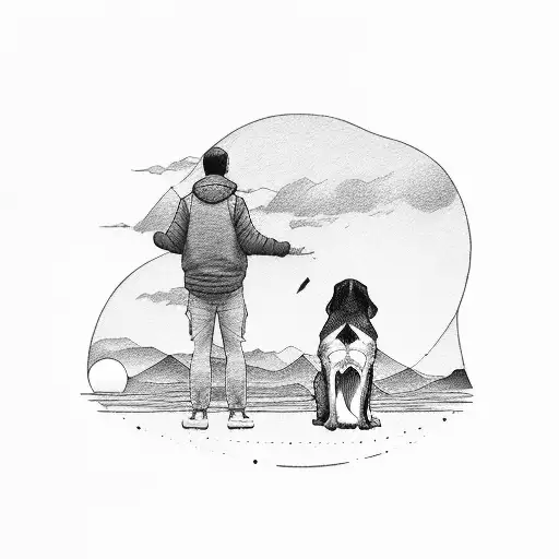 Man And His Medium Sized Dog Seated Together Watching A Beautiful Horizon And A Sunset Far Away