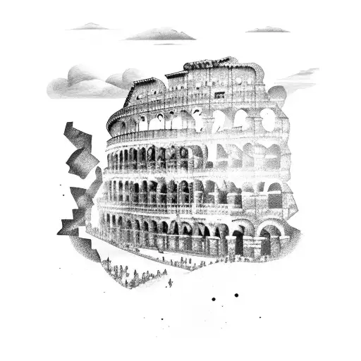 Broken Greek Colosseum With Storm In Background And Warriors