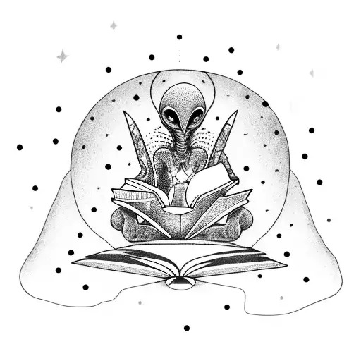 A Dotwork Tattoo Of An Alien Reading A Book While Sitting On A Moon Surrounded By Stars