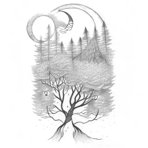 A Moonlit Forest With A Witch Flying On A Broomstick
