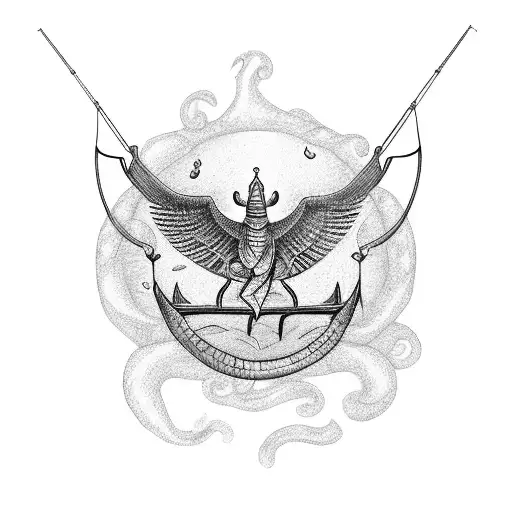 A Dotwork Tattoo Of A Fisherman Catching A Mythical Egyptian Creature