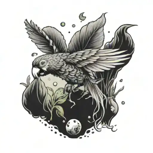 A Surreal Scene Of A Parrot Diving Into A Sea Filled With Money Bags And Plants Growing Underwater