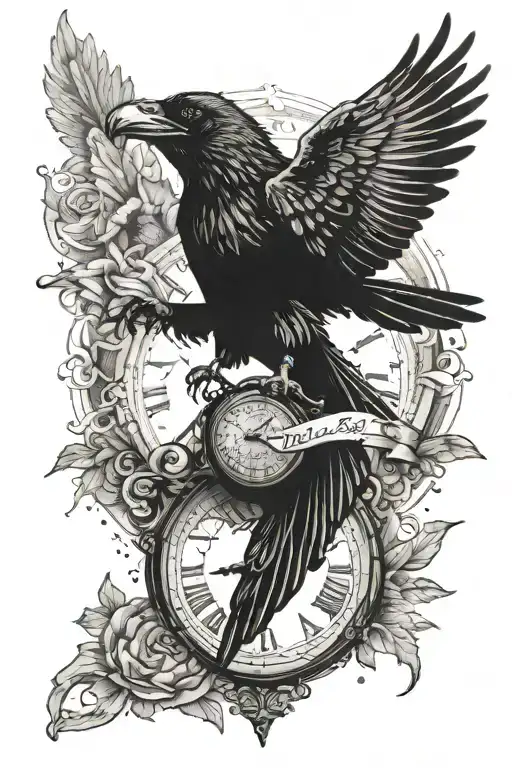 A Majestic Flying Raven Holding A Clock