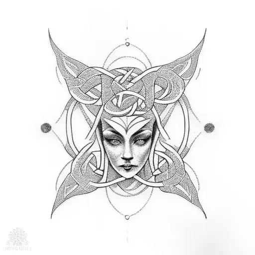 A Dotwork Tattoo Depicting A Celtic Goddess In A Serene Nature Setting