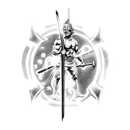 A Muscular Firefighter Wielding A Flaming Sword With Mythological Creatures In The Background