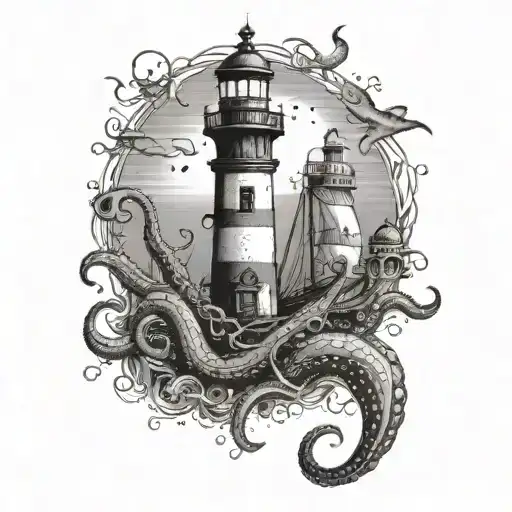 Sea With Lighthouse With Octopus And Anchor