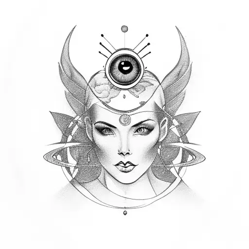 Pinup Outline Of A Beautiful Woman With The Head Of An Ophanim And Rings Of Eyes Surrounding